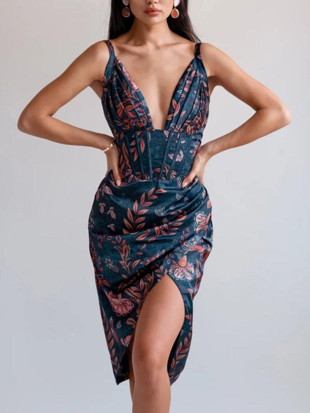 Averie Halley draped midi dress ruched satin blue floral cocktail boning slit M